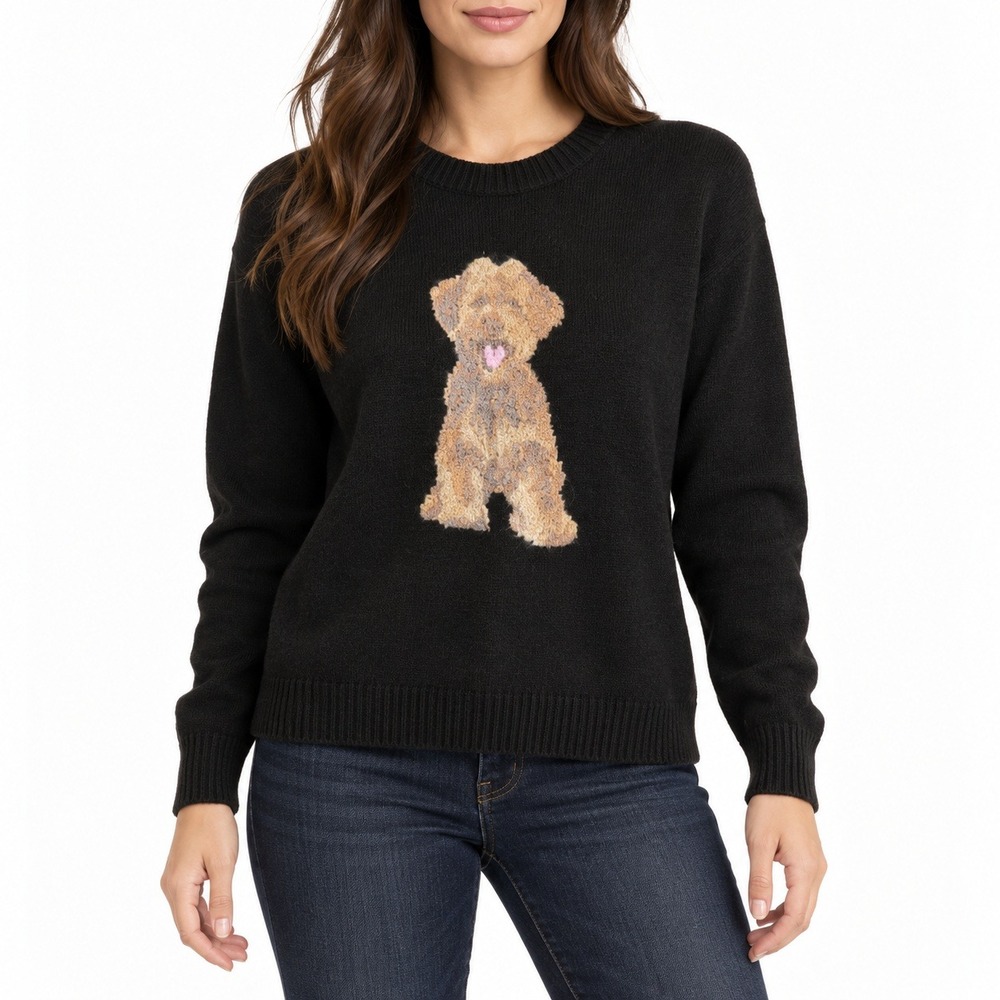 Betsey Johnson Sweater Fuzzy Dog Graphic Womens S Black Crewneck Knit Pullover